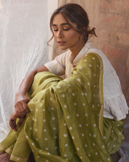 GREEN BANDHANI CHANDERI SILK SAREE