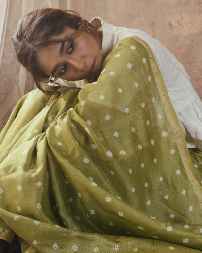 GREEN BANDHANI CHANDERI SILK SAREE