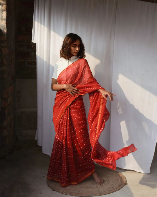 RED BANDHANI CHANDERI SILK SAREE