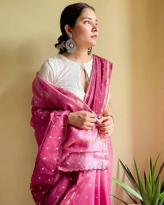 PINK BANDHANI CHANDERI SILK SAREE